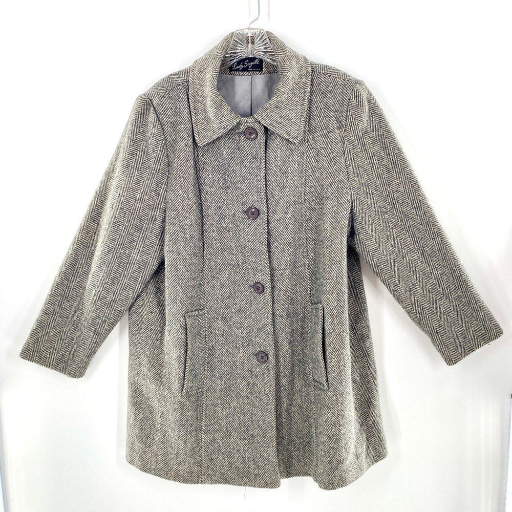 Vintage Lady Suzette Womens Herringbone Coat Brown‎ Beige Made in USA Button Up